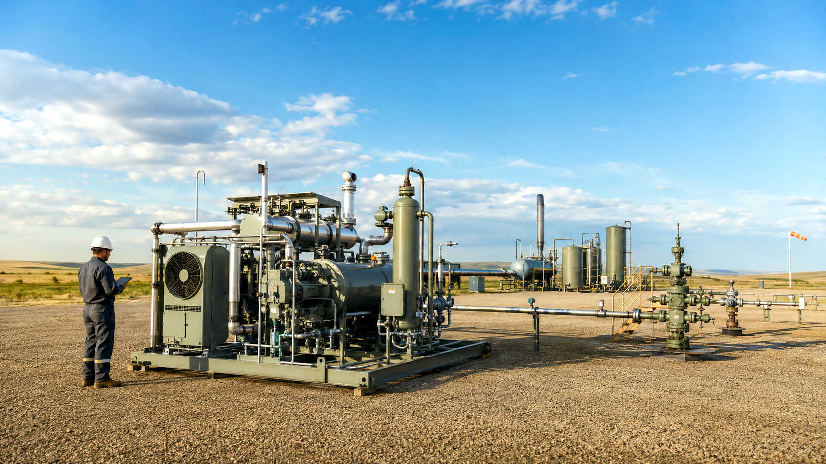 Small natural gas compressor operating at an oilfield site with a field technician inspecting the equipment under a clear blue sky.